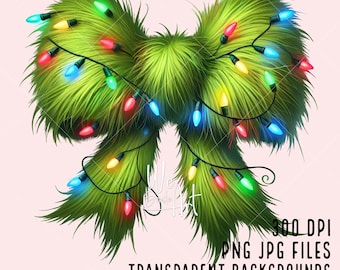Christmas Green Fur Bow PNG Coquette Christmas Bow Festive Holiday Decoration Sublimation Christmas Lights Bow Sublimation, Instant download