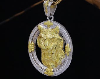 Handmade Sterling Silver Tiger Medallion Necklace: Gold Plated Pendant