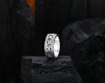 Anillo de boda floral de plata de ley hecho a mano - Anillo oxidado para hombre