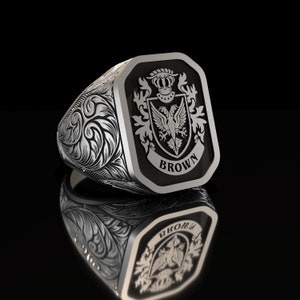 Family Crest Engraving Rectangle Special design Family Crest Custom Rings For Men Silver Signet Custom Coat of Arms Ring Men Unique Dynasty