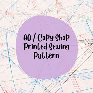 May include: A sewing pattern with a purple overlay that reads "AO / Copy Shop Printed Sewing Pattern." The background features a detailed pattern with various lines and markings in blue, red, and black.