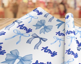 Personalized Blue Bow Wrapping Paper: Custom Name Gift Wrap