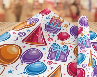 May include: White wrapping paper with a colorful birthday party pattern. The pattern includes balloons, party hats, presents, and a cupcake with candles.