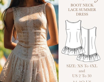 Drop waist dress pattern, boat neck mini dress pattern, sleeveless wedding guest dress, flapper dress sewing pattern, size:US 2 to 30