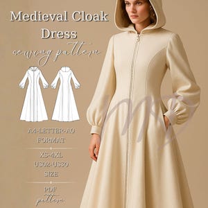Puede incluir: Un patrón de costura de vestido con capa medieval color crema. El vestido presenta una capucha, mangas largas con puños fruncidos y una cremallera frontal. El patrón incluye tallas XS-4XL y está disponible en formato PDF. El texto en la imagen dice "Medieval Cloak Dress sewing pattern".
