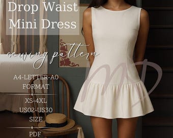 Vintage White Mini Dress Sewing Pattern: Drop Waist, XS-4XL (PDF Pattern)
