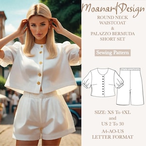 Puede incluir: Un patrón de costura para un conjunto de chaleco de cuello redondo y short bermuda palazzo blanco. El patrón está disponible en tallas XS a 4XL y tallas españolas 34 a 52. El patrón está impreso en formato A4-AO-ES.