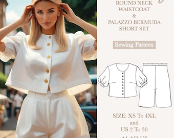 Puff Sleeve Waistcoat and Palazzo Short Sewing Pattern, Two Piece Outfit, Digital PDF Download
