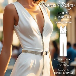 Puede incluir: Un patrón de costura para un mono de novia blanco con una cremallera en la parte delantera y un cinturón. El patrón incluye las tallas XS a 4XL y las tallas españolas 34 a 52. El patrón está en formato A4-AO-ES.