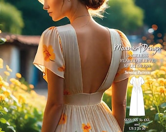 Rückenfreies Maxikleid Schnittmuster, Leinenkleid mit ausgestellten Ärmeln, gerafftes Brautjungfer Kleid Schnittmuster, Sommerkleid mit offenem Rücken, Größe: US 02 - US 30