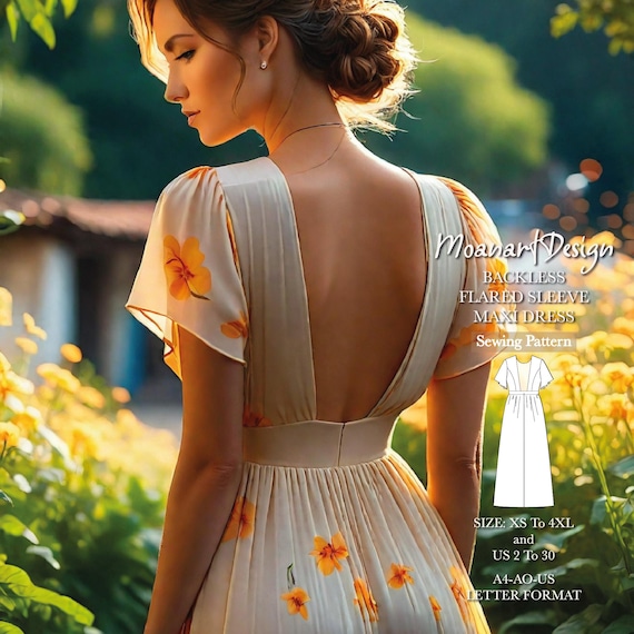 Backless maxi dress sewing pattern, flared sleeve linen dress, gathered bridesmaid dress pattern, open back summer dress, size: US02 - US30