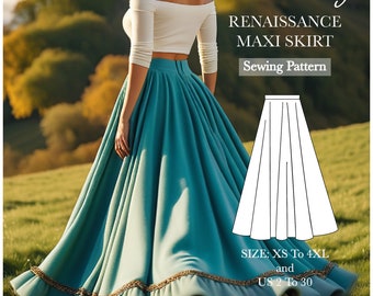 Renaissance, edwardian, fairy, boho wool maxi skirt PDF pattern Size:A0 A4 US Letter-US 2 to 30