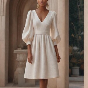 May include: A white dress with a v-neckline and 3/4 length sleeves. The dress has a fitted bodice and a flowy skirt.