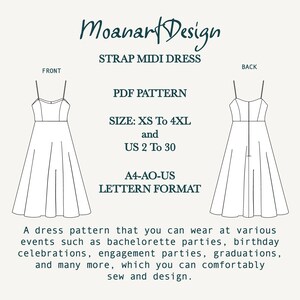 May include: A black and white line drawing of a strap midi dress pattern. The pattern is for sizes XS to 4XL and US sizes 2 to 30. The pattern is in A4-AO-US letter format. The text "Moanar Design" is at the top of the image.