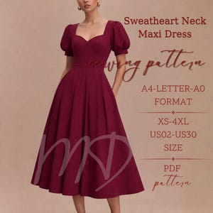 Sweetheart Neckline Midi Dress Sewing Pattern | Full Circle Vintage Dress | Puff Sleeve Women Dress Pattern PDF