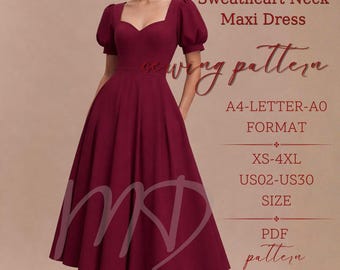 Sweetheart Neckline Midi Dress Sewing Pattern | Full Circle Vintage Dress | Puff Sleeve Women Dress Pattern PDF