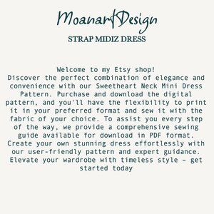 May include: Text overlay on a white background reads "Moanart Design" and "STRAP MIDIZ DRESS".  The text below describes a digital sewing pattern for a sweetheart neck mini dress.