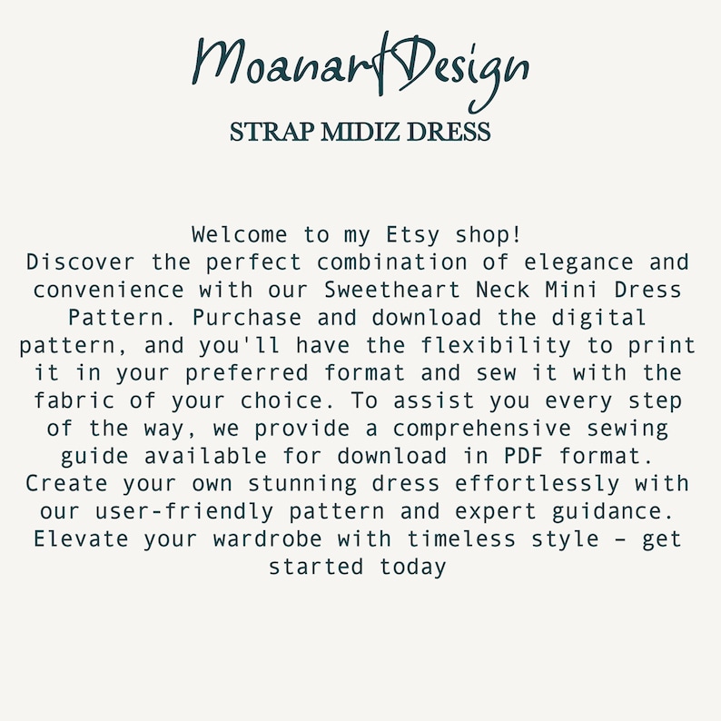 May include: Text overlay on a white background reads "Moanart Design" and "STRAP MIDIZ DRESS".  The text below describes a digital sewing pattern for a sweetheart neck mini dress.