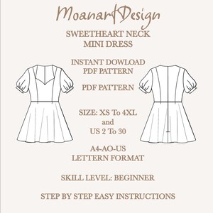 May include: A black and white line drawing of a sweetheart neckline mini dress with puff sleeves. The image includes the text "Moanart Design", "Sweetheart Neck Mini Dress", "Instant Download PDF Pattern", "PDF Pattern", "Size: XS to 4XL and US 2 to 30", "A4-AO-US Letter Format", "Skill Level: Beginner", and "Step by Step Easy Instructions".