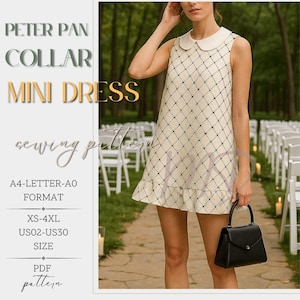 Könnte beinhalten: Cremefarbenes Mini-Kleid mit Peter Pan-Kragen und schwarzem Rautenmuster. Das ärmellose Kleid hat einen Rüschensaum. Der Text im Bild lautet: "PETER PAN COLLAR MINI DRESS sewing pattern".