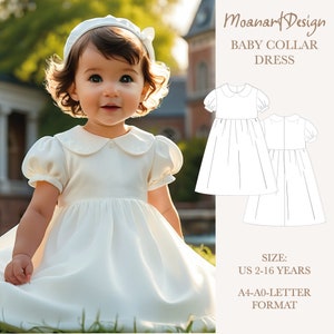 Patrón PDF de vestido blanco con cuello fruncido para bebé bautizo, Vestido blanco para niña con mangas abullonadas estilo obispo, Formato A4 - A0 - US LETTER, Edad: 02-16 años