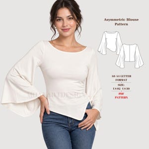 Schnittmuster für eine Bluse mit Glockenärmeln, asymmetrischem U-Boot-Ausschnitt (PDF), Größen: XS-4XL