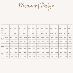 May include: Size chart for clothing with measurements in inches and centimeters. The chart shows US sizes 2 through 30, corresponding European sizes, and bust, waist, and hip measurements.