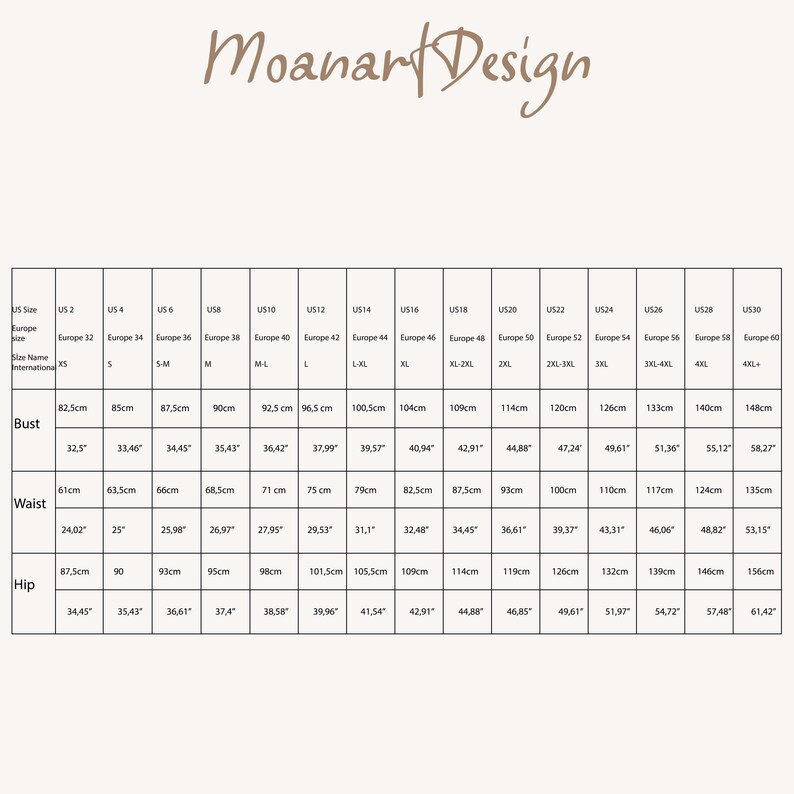 May include: Size chart for clothing with measurements in inches and centimeters. The chart shows US sizes 2 through 30, corresponding European sizes, and bust, waist, and hip measurements.