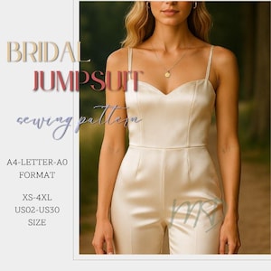 May include: A cream-colored bridal jumpsuit sewing pattern. The jumpsuit features a sweetheart neckline, spaghetti straps, and a fitted bodice. The text on the image reads "BRIDAL JUMPSUIT sewing pattern" and includes size information: XS-4XL, US02-US30.