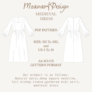 May include: A line drawing of a medieval dress pattern. The pattern includes a deep square neckline, full bishop sleeves, and a gathered midi skirt. The pattern is available in sizes XS to 4XL and US sizes 2 to 30. The pattern is in A4-AO-US letter format.