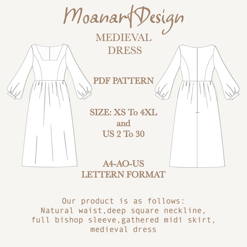 May include: A line drawing of a medieval dress pattern. The pattern includes a deep square neckline, full bishop sleeves, and a gathered midi skirt. The pattern is available in sizes XS to 4XL and US sizes 2 to 30. The pattern is in A4-AO-US letter format.