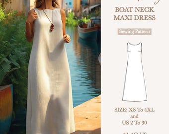 May include: A white sleeveless boat neck maxi dress sewing pattern by MoanartDesign. The design features a simple floor-length silhouette. The pattern is available in sizes XS to 4XL and US 2 to 30, provided in A4, AO, and US letter formats.