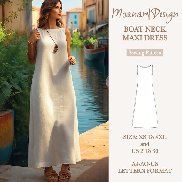 Boat neck maxi dress pattern, sleeveless linen dress pattern, white boho cottagecore dress, beginner summer dress sewing PDF, size:US02-US30