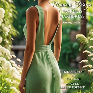 Patrón de costura de vestido largo sin espalda, patrón de vestido de invitada de boda, patrón de vestido de lino, vestido de talla grande, tamaño: A0 A4 Carta de EE. UU. - EE. UU. 2 a 30
