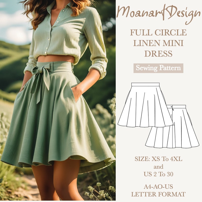Linen Full Circle Mini Skirt Pattern, Circle Summer Skirt PDF Sewing ...