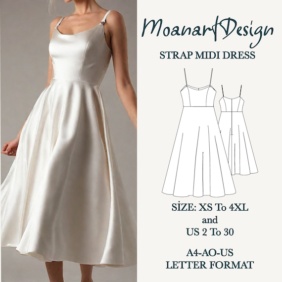 Slip white midi dress pattern, midi elopement dress pattern, homecoming dress pattern, engagement dress sewing pattern, Size: US 2 to 30