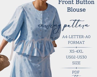 Blouse Sewing Pattern, Button Front Blouse, Shirt Pattern, Milkmaid Pattern, Women Shirt, Cottagecore Top Blouse Pattern PDF