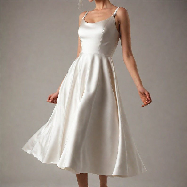 May include: A white satin dress with a scoop neck and spaghetti straps. The dress has a fitted bodice and a full skirt.