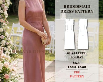 Puede incluir: Un vestido midi sin mangas de color rosa polvoriento con cuello redondo y corpiño ajustado. Junto al vestido hay una superposición digital que muestra un dibujo técnico de la parte delantera y trasera con el texto: BRIDESMAID DRESS PATTERN, A0-A4-LETTER FORMAT, SIZE: US 02 - US 30, PDF PATTERN.