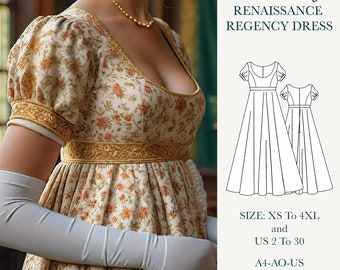 Bridgerton maxi dress PDF pattern, empire waist regency dress pattern, 90s prom dress vintage dress, A0 A4 US Letter - Size: US 2 to 30