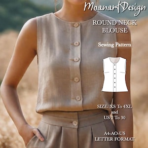 Padrão de blusa de gola redonda, padrão de blusa de camisa de botão, padrão de blusa vintage cortada, blusa retrô PDF, tamanho: A0 A4 Carta dos EUA - EUA 2 a 30