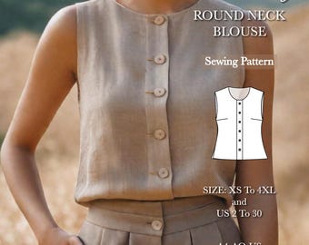 Rundhals-Bluse Schnittmuster, Button-Up Shirt Bluse Schnittmuster, Schnittmuster Bluse Vintage, Retro Bluse PDF, size:A0 A4 US Letter-US Letter-US 2 to 30