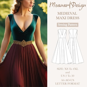 Padrão de vestido longo medieval com decote em V em PDF, fantasia renascentista de Victoria, feira de regência, padrão de vestido cottagecore, tamanho: A0 A4 US Letter-US 2 a 30