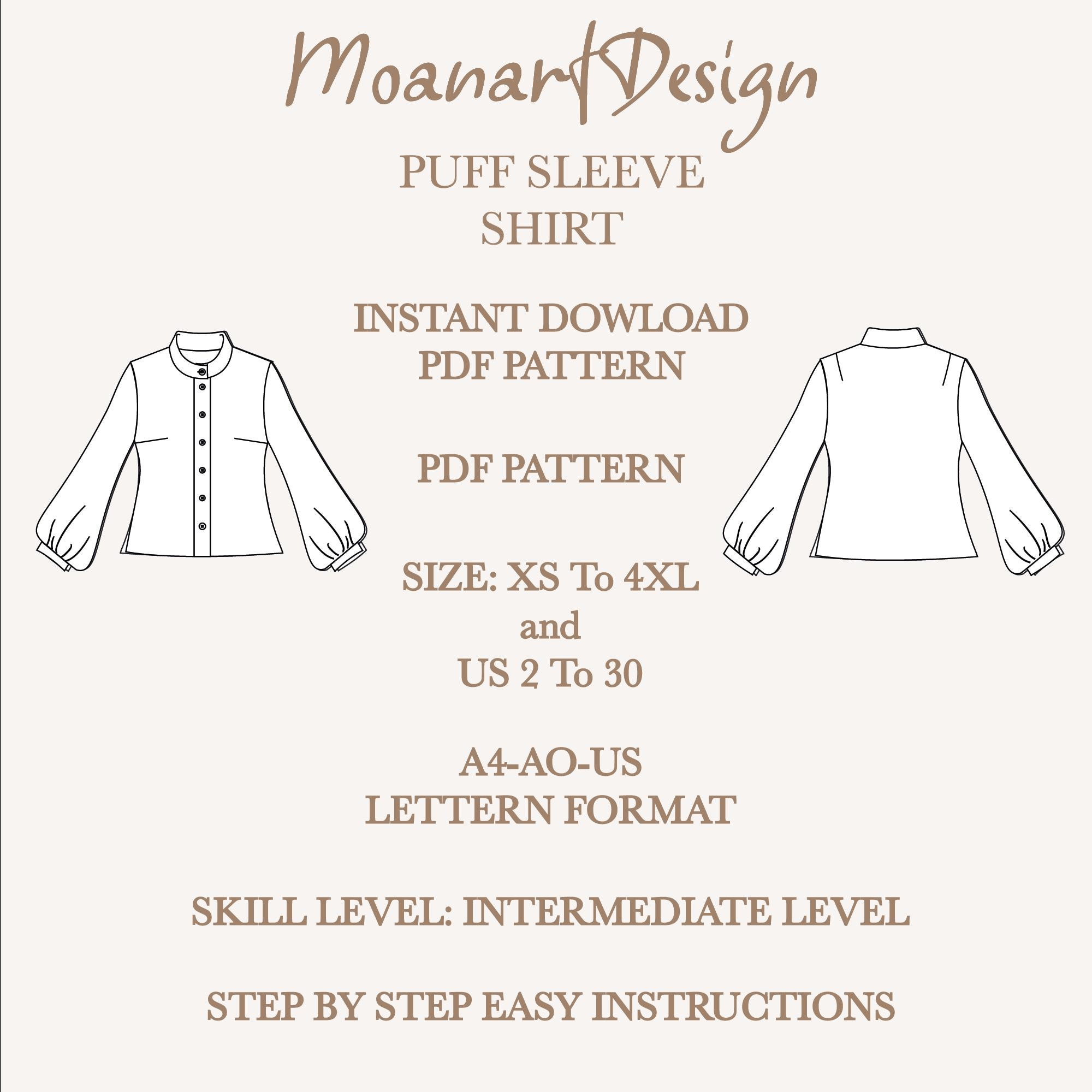 Puff Sleeve Shirt Pattern, Band Collar Linen Shirt Sewing Pattern ...