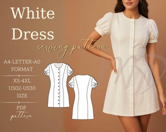 May include: A white dress sewing pattern with short sleeves and a button-down front. The image includes a drawing of the dress and the text "White Dress sewing pattern". Sizes XS-4XL, US02-US30, A4-LETTER-A0 format.