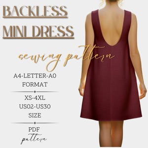 May include: A burgundy backless mini dress sewing pattern. The image shows the back of the dress, with a low back design. The pattern includes sizes XS-4XL and US02-US30. The format is A4-LETTER-AO, and it is a PDF pattern.