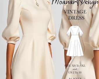 May include: A cream-colored dress with puff sleeves and a round neckline. Text reads: Moanart Design VINTAGE DRESS, SIZE: XS To 4XL and US 2 To 30, A4-AO-US LETTER FORMAT. Includes a black and white line drawing of the dress pattern.