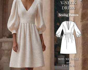 V neck dress pattern, long sleeve elopement dress sewing pattern, vintage long dress, fall dress, evening gown dress, size:US 2 to 30