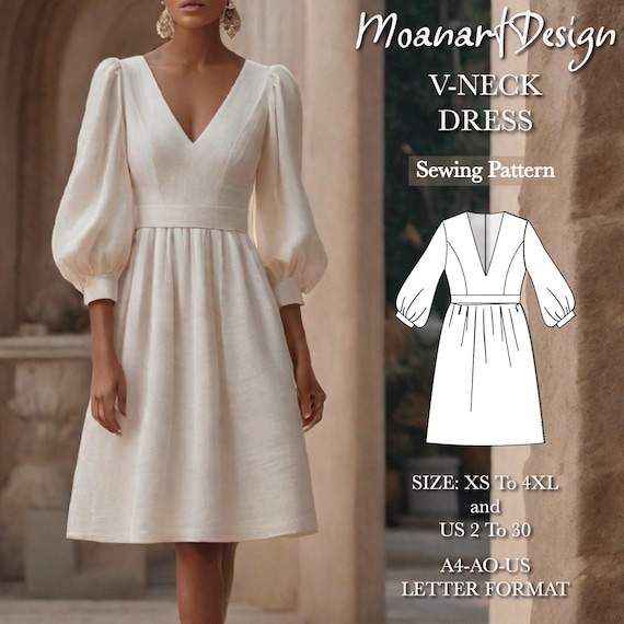 V neck dress pattern, long sleeve elopement dress sewing pattern, vintage long dress, fall dress, evening gown dress, size:US 2 to 30