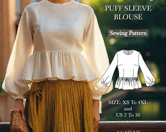 Round neck puff sleeve blouse pattern, peasant blouse pattern, floral blouse sewing pattern, vyshyvanka blouse, size:US 2 to 30
